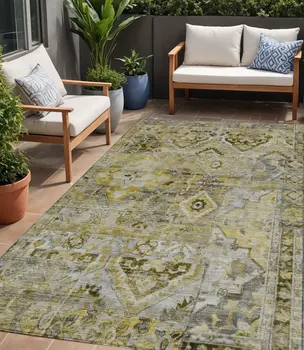 5' X 8' Pewter Gray And Gold Floral Medallion Washable Indoor Outdoor Area Rug