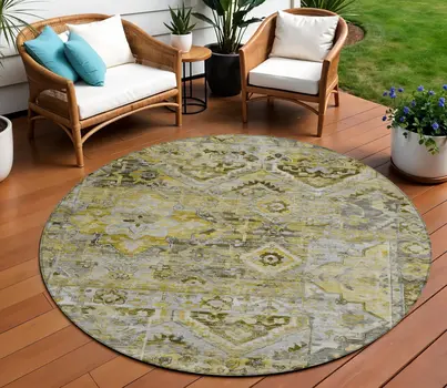 8' Pewter Gray And Gold Round Floral Medallion Washable Indoor Outdoor Area Rug