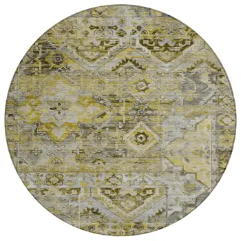8' Pewter Gray And Gold Round Floral Medallion Washable Indoor Outdoor Area Rug