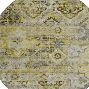 8' Pewter Gray And Gold Round Floral Medallion Washable Indoor Outdoor Area Rug
