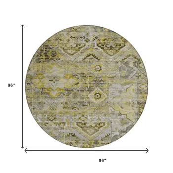 8' Pewter Gray And Gold Round Floral Medallion Washable Indoor Outdoor Area Rug