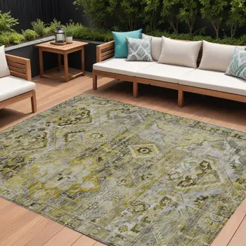 10' X 14' Pewter Gray And Gold Floral Medallion Washable Indoor Outdoor Area Rug