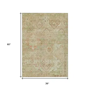 3' X 5' Salmon Fern Green And Beige Floral Medallion Washable Indoor Outdoor Area Rug