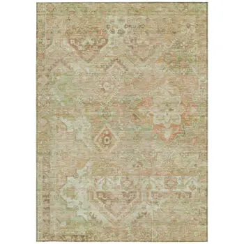 5' X 8' Salmon Fern Green And Beige Floral Medallion Washable Indoor Outdoor Area Rug