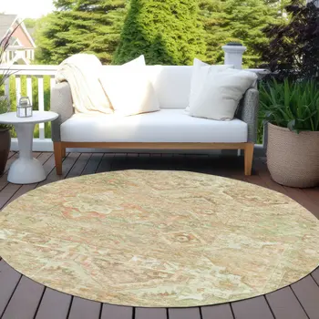 8' Salmon Fern Green And Beige Round Floral Medallion Washable Indoor Outdoor Area Rug