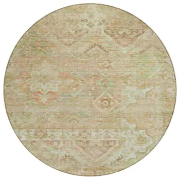8' Salmon Fern Green And Beige Round Floral Medallion Washable Indoor Outdoor Area Rug