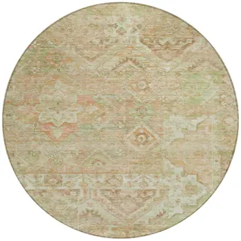 8' Salmon Fern Green And Beige Round Floral Medallion Washable Indoor Outdoor Area Rug