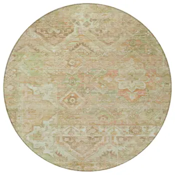 8' Salmon Fern Green And Beige Round Floral Medallion Washable Indoor Outdoor Area Rug