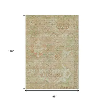 8' X 10' Salmon Fern Green And Beige Floral Medallion Washable Indoor Outdoor Area Rug