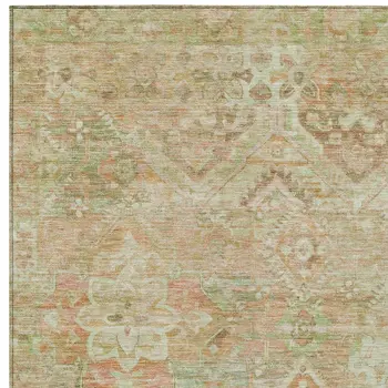 8' X 10' Salmon Fern Green And Beige Floral Medallion Washable Indoor Outdoor Area Rug