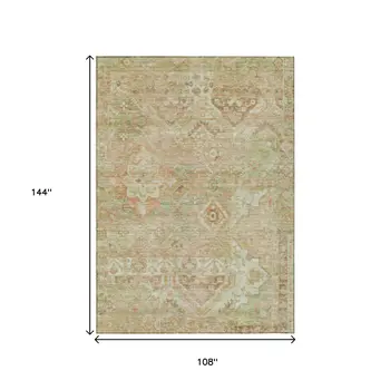 9' X 12' Salmon Fern Green And Beige Floral Medallion Washable Indoor Outdoor Area Rug