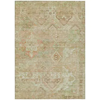 9' X 12' Salmon Fern Green And Beige Floral Medallion Washable Indoor Outdoor Area Rug