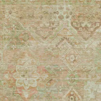 9' X 12' Salmon Fern Green And Beige Floral Medallion Washable Indoor Outdoor Area Rug