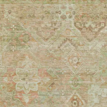 10' X 14' Salmon Fern Green And Beige Floral Medallion Washable Indoor Outdoor Area Rug