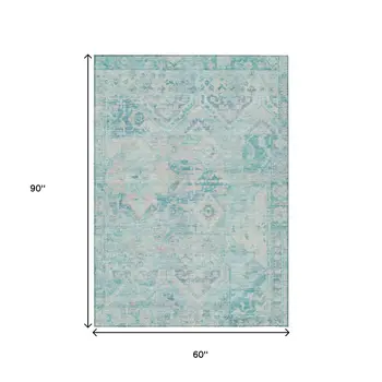 5' X 8' Teal Blue And Pink Floral Medallion Washable Indoor Outdoor Area Rug