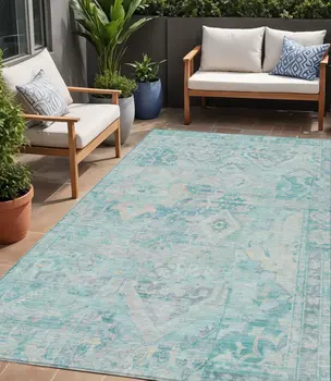 5' X 8' Teal Blue And Pink Floral Medallion Washable Indoor Outdoor Area Rug