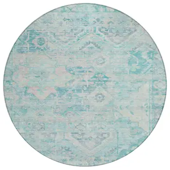 8' Teal Blue And Pink Round Floral Medallion Washable Indoor Outdoor Area Rug