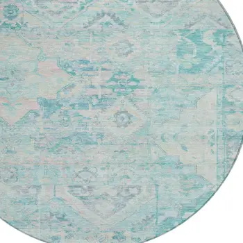 8' Teal Blue And Pink Round Floral Medallion Washable Indoor Outdoor Area Rug