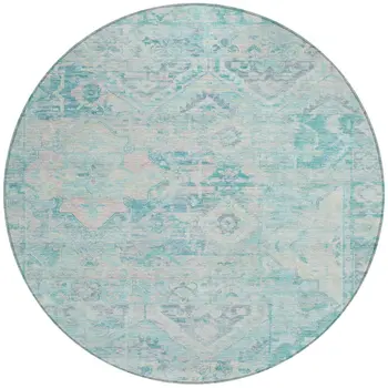 8' Teal Blue And Pink Round Floral Medallion Washable Indoor Outdoor Area Rug