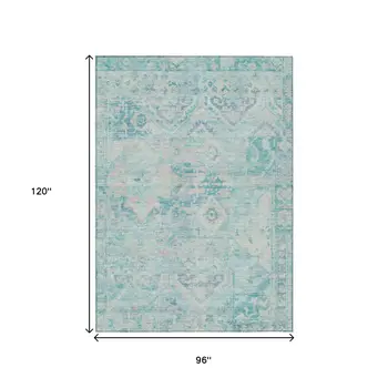 8' X 10' Teal Blue And Pink Floral Medallion Washable Indoor Outdoor Area Rug