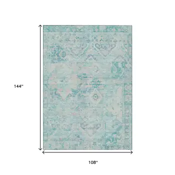 9' X 12' Teal Blue And Pink Floral Medallion Washable Indoor Outdoor Area Rug