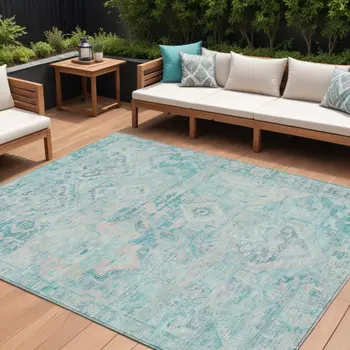 9' X 12' Teal Blue And Pink Floral Medallion Washable Indoor Outdoor Area Rug
