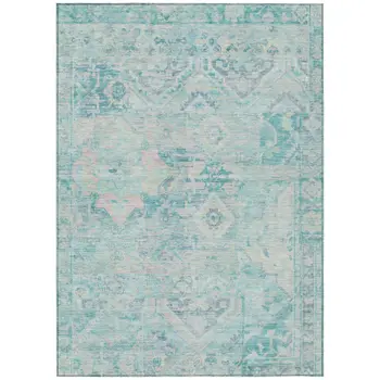 9' X 12' Teal Blue And Pink Floral Medallion Washable Indoor Outdoor Area Rug