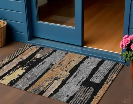 3' X 5' Black Gold And Brown Striped Washable Indoor Outdoor Area Rug