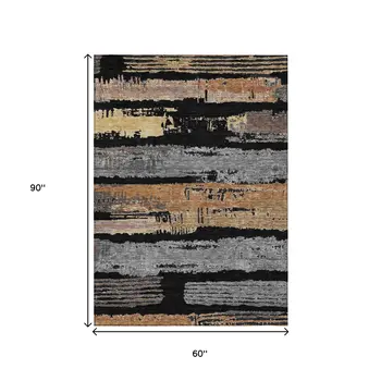 5' X 8' Black Gold And Brown Striped Washable Indoor Outdoor Area Rug