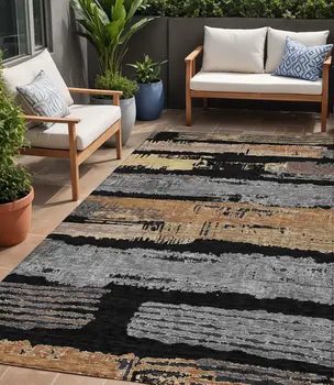 5' X 8' Black Gold And Brown Striped Washable Indoor Outdoor Area Rug