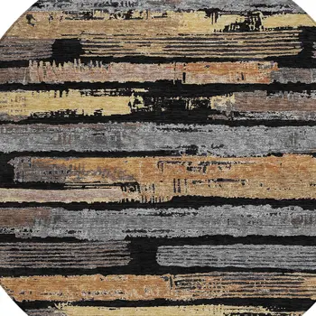 8' Black Gold And Brown Round Striped Washable Indoor Outdoor Area Rug