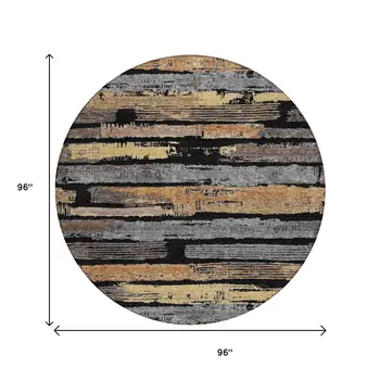 8' Black Gold And Brown Round Striped Washable Indoor Outdoor Area Rug