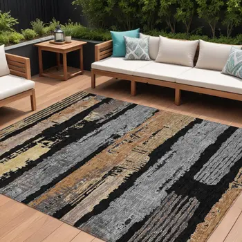 8' X 10' Black Gold And Brown Striped Washable Indoor Outdoor Area Rug