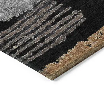 9' X 12' Black Gold And Brown Striped Washable Indoor Outdoor Area Rug