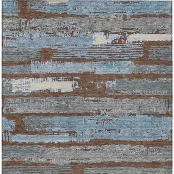 3' X 5' Chocolate Blue And Beige Striped Washable Indoor Outdoor Area Rug