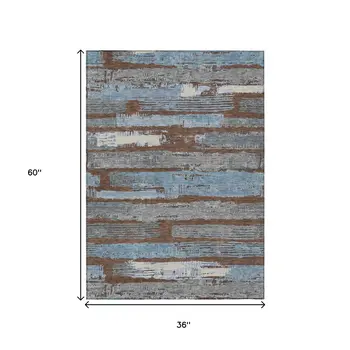 3' X 5' Chocolate Blue And Beige Striped Washable Indoor Outdoor Area Rug