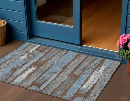 3' X 5' Chocolate Blue And Beige Striped Washable Indoor Outdoor Area Rug