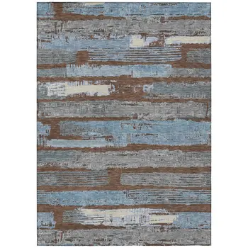 3' X 5' Chocolate Blue And Beige Striped Washable Indoor Outdoor Area Rug
