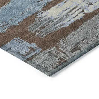 3' X 5' Chocolate Blue And Beige Striped Washable Indoor Outdoor Area Rug