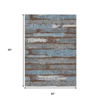 5' X 8' Chocolate Blue And Beige Striped Washable Indoor Outdoor Area Rug