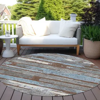 8' Chocolate Blue And Beige Round Striped Washable Indoor Outdoor Area Rug