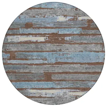 8' Chocolate Blue And Beige Round Striped Washable Indoor Outdoor Area Rug