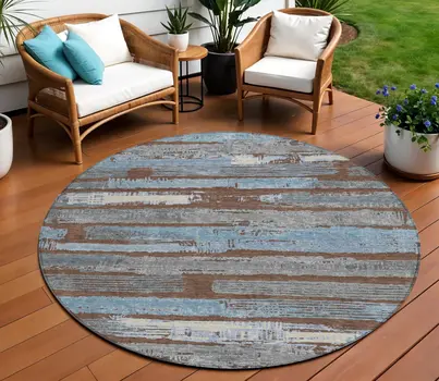 8' Chocolate Blue And Beige Round Striped Washable Indoor Outdoor Area Rug