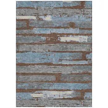 8' X 10' Chocolate Blue And Beige Striped Washable Indoor Outdoor Area Rug