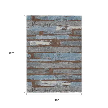 8' X 10' Chocolate Blue And Beige Striped Washable Indoor Outdoor Area Rug
