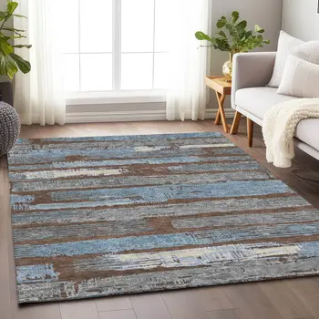 9' X 12' Chocolate Blue And Beige Striped Washable Indoor Outdoor Area Rug