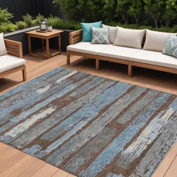 10' X 14' Chocolate Blue And Beige Striped Washable Indoor Outdoor Area Rug