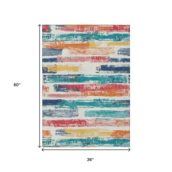 3' X 5' Ivory Teal Blue Orange And Red Striped Washable Indoor Outdoor Area Rug