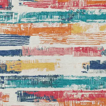 3' X 5' Ivory Teal Blue Orange And Red Striped Washable Indoor Outdoor Area Rug