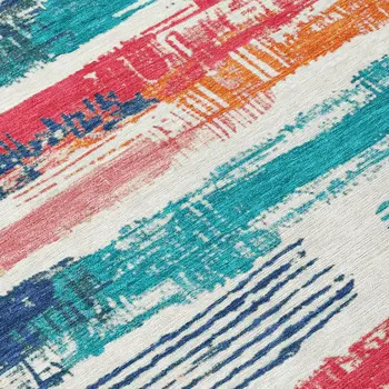 3' X 5' Ivory Teal Blue Orange And Red Striped Washable Indoor Outdoor Area Rug